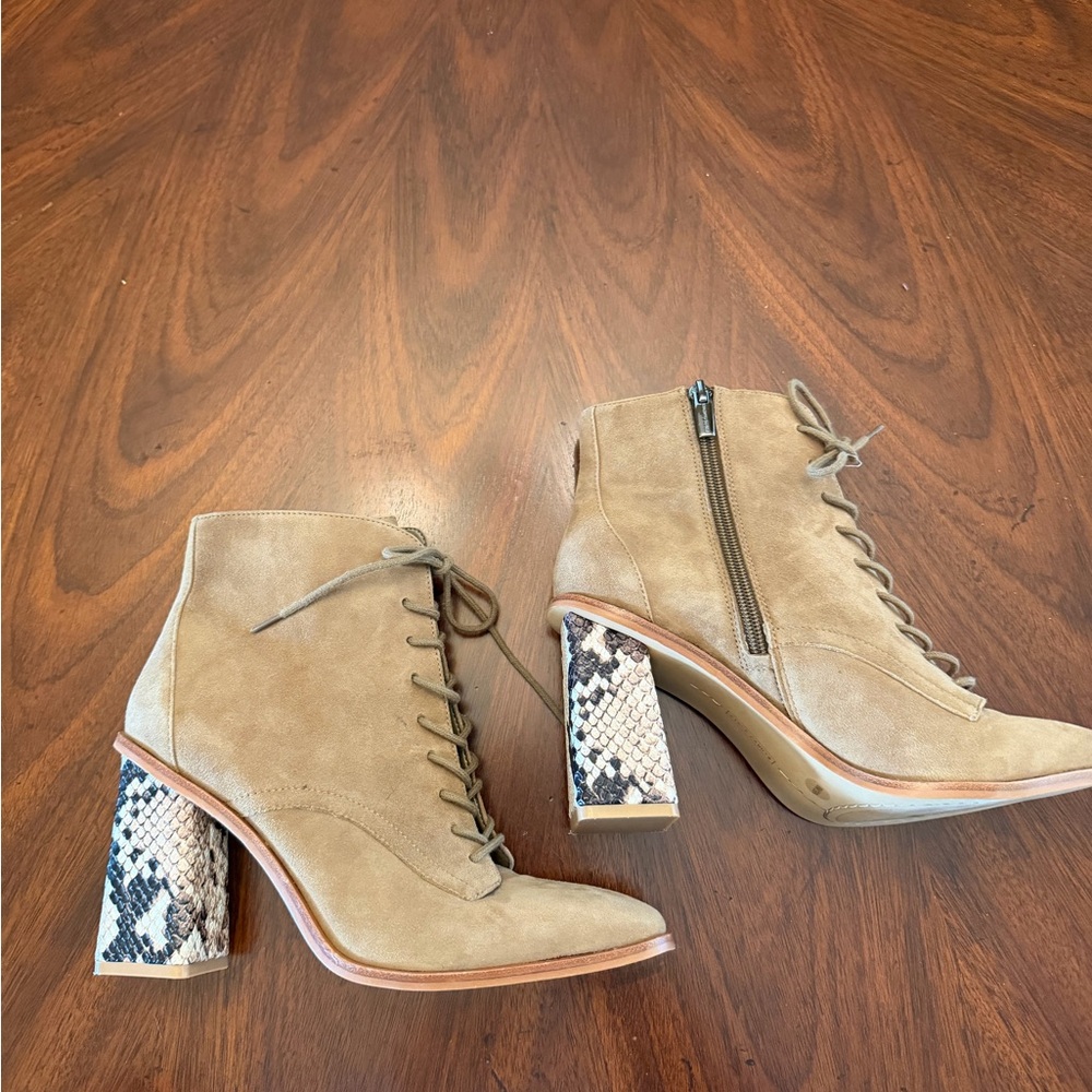 Vince Camuto Dreveri Tan Suede Lace-Up Ankle Boots with Snake-Print Block Heel